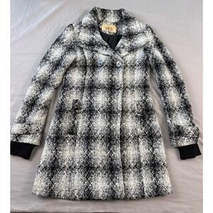 BKE Women Black White Wool Blend Plaid Pea Coat Double Breasted Jacket